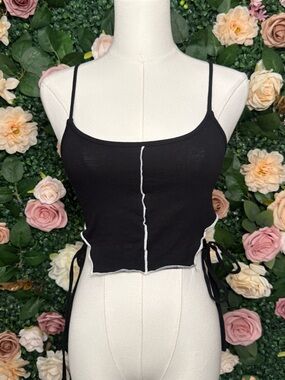 Papermoon Black Side-Tie Crop Tank with White Contrast Trim